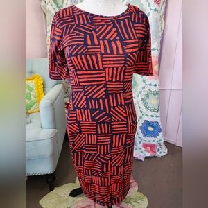 LulaRoe Elegant Red and Navy Geometric Midi Dress